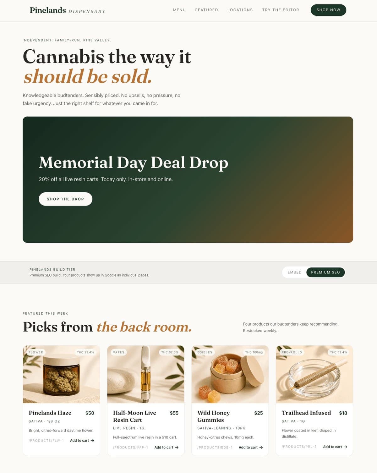 Sample dispensary website built by Pinelands Marketing